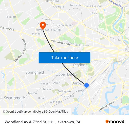 Woodland Av & 72nd St to Havertown, PA map