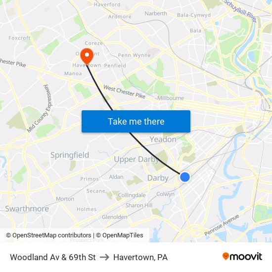 Woodland Av & 69th St to Havertown, PA map