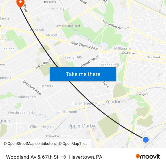 Woodland Av & 67th St to Havertown, PA map