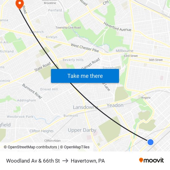 Woodland Av & 66th St to Havertown, PA map