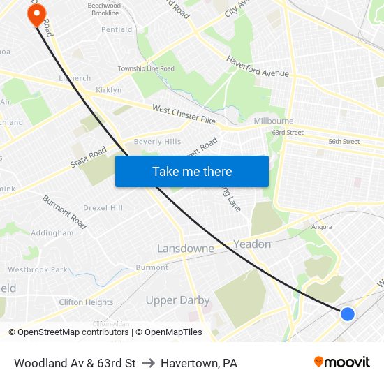 Woodland Av & 63rd St to Havertown, PA map