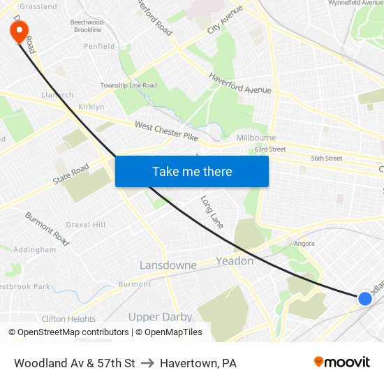Woodland Av & 57th St to Havertown, PA map
