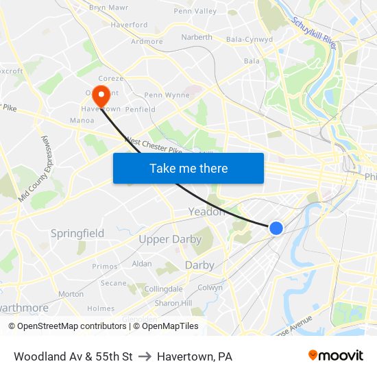 Woodland Av & 55th St to Havertown, PA map