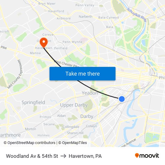 Woodland Av & 54th St to Havertown, PA map