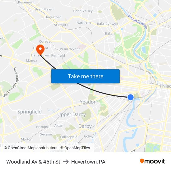 Woodland Av & 45th St to Havertown, PA map