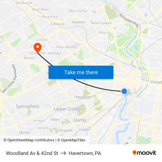 Woodland Av & 42nd St to Havertown, PA map