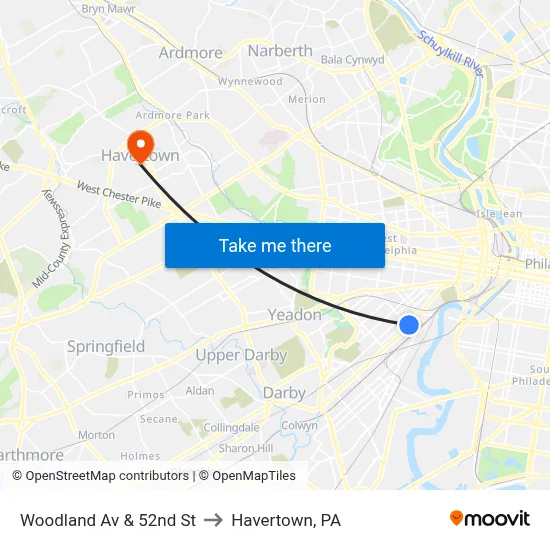 Woodland Av & 52nd St to Havertown, PA map