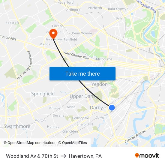 Woodland Av & 70th St to Havertown, PA map