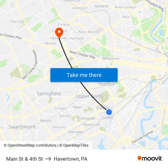 Main St & 4th St to Havertown, PA map