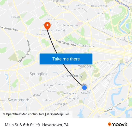 Main St & 6th St to Havertown, PA map