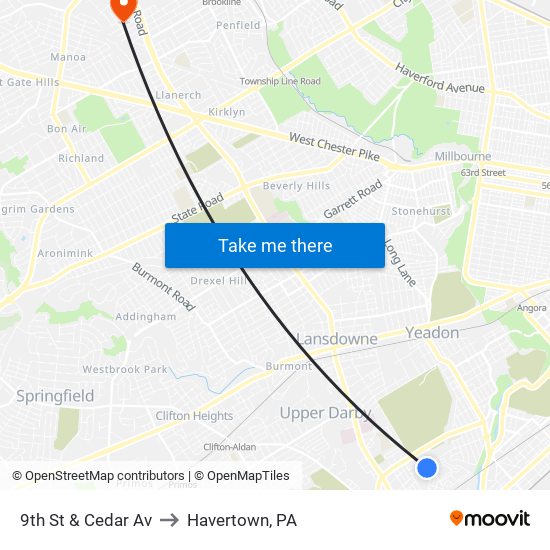 9th St & Cedar Av to Havertown, PA map