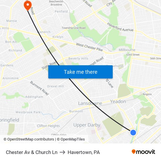 Chester Av & Church Ln to Havertown, PA map