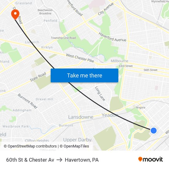 60th St & Chester Av to Havertown, PA map
