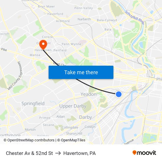 Chester Av & 52nd St to Havertown, PA map