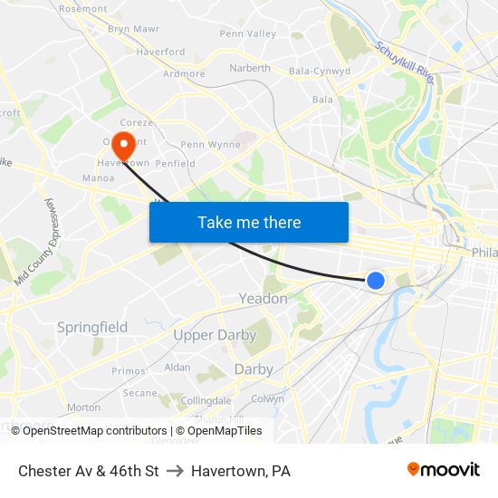 Chester Av & 46th St to Havertown, PA map