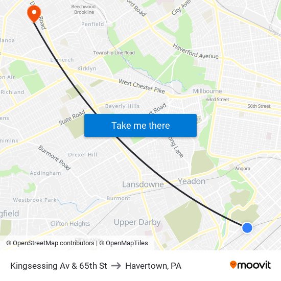 Kingsessing Av & 65th St to Havertown, PA map