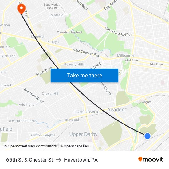 65th St & Chester St to Havertown, PA map