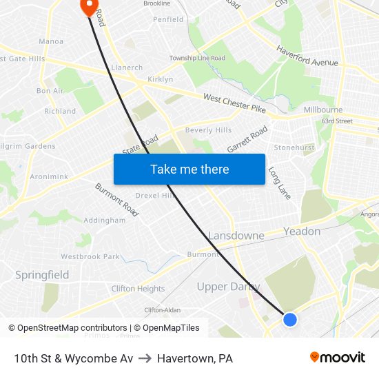 10th St & Wycombe Av to Havertown, PA map