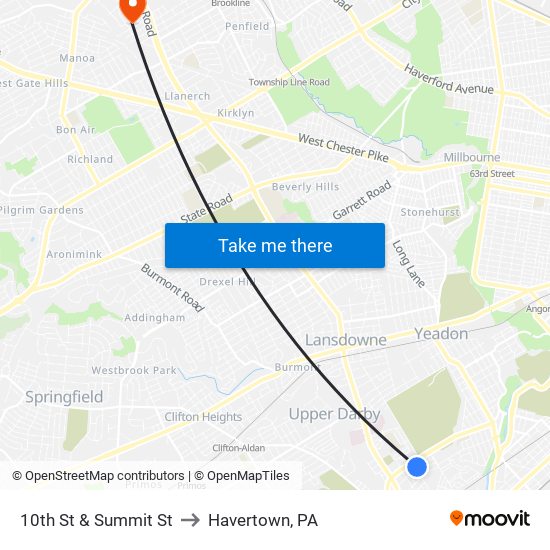 10th St & Summit St to Havertown, PA map