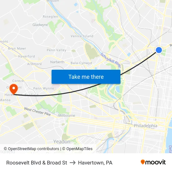 Roosevelt Blvd & Broad St to Havertown, PA map