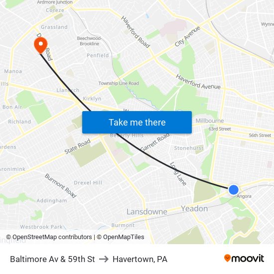 Baltimore Av & 59th St to Havertown, PA map