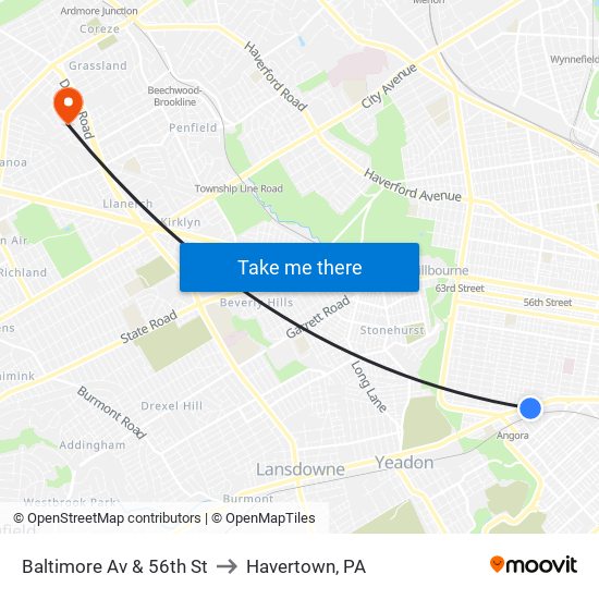 Baltimore Av & 56th St to Havertown, PA map
