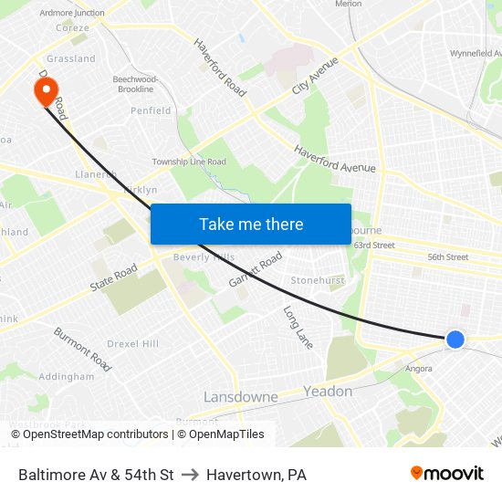 Baltimore Av & 54th St to Havertown, PA map