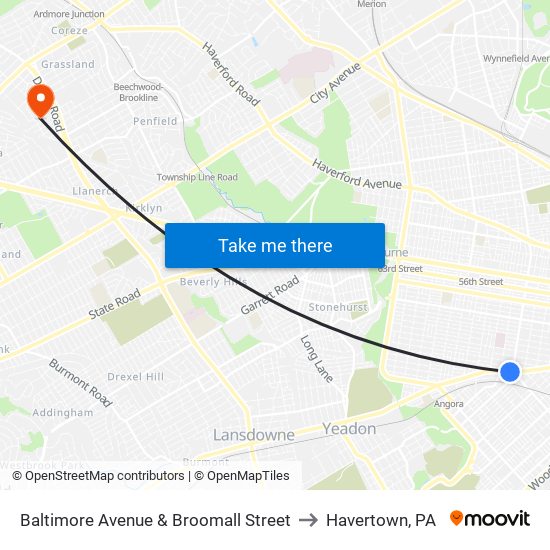Baltimore Avenue & Broomall Street to Havertown, PA map