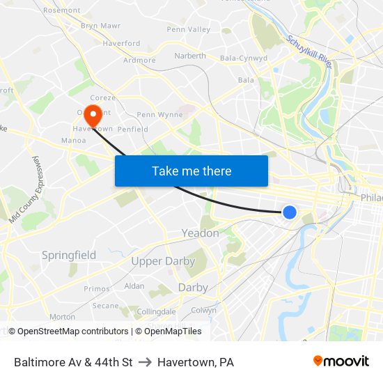 Baltimore Av & 44th St to Havertown, PA map