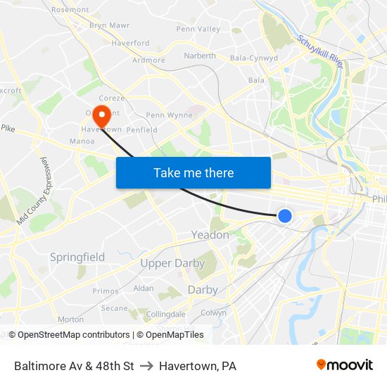 Baltimore Av & 48th St to Havertown, PA map