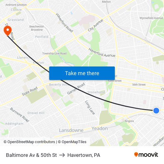 Baltimore Av & 50th St to Havertown, PA map