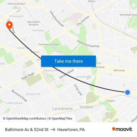Baltimore Av & 52nd St to Havertown, PA map
