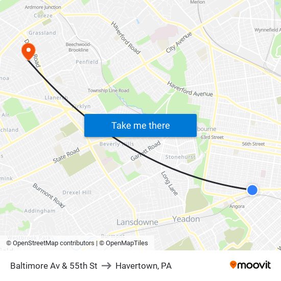 Baltimore Av & 55th St to Havertown, PA map