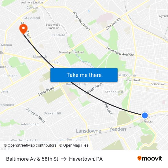 Baltimore Av & 58th St to Havertown, PA map