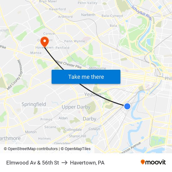 Elmwood Av & 56th St to Havertown, PA map