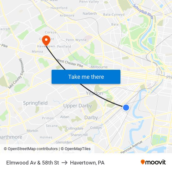 Elmwood Av & 58th St to Havertown, PA map