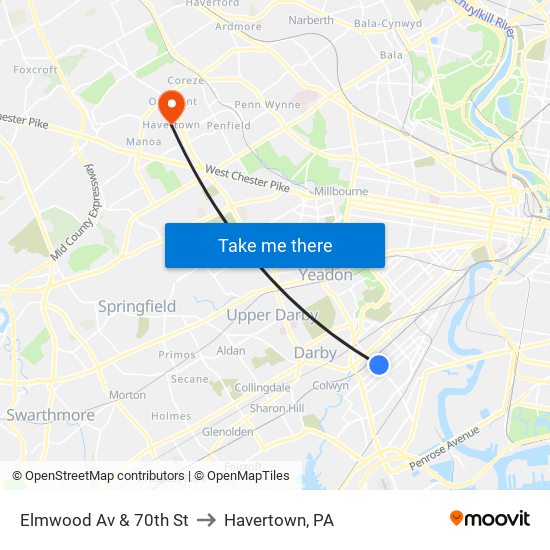 Elmwood Av & 70th St to Havertown, PA map