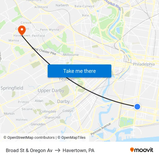 Broad St & Oregon Av to Havertown, PA map