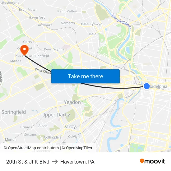 20th St & JFK Blvd to Havertown, PA map