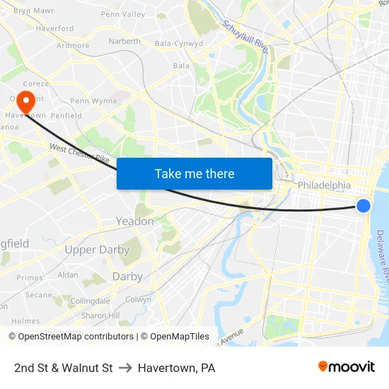 2nd St & Walnut St to Havertown, PA map