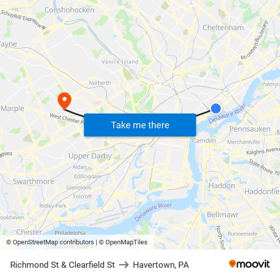 Richmond St & Clearfield St to Havertown, PA map
