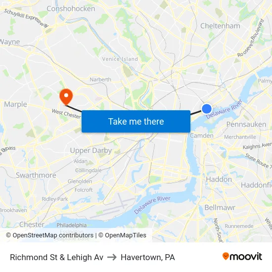Richmond St & Lehigh Av to Havertown, PA map