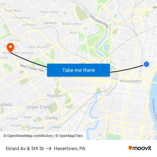 Girard Av & 5th St to Havertown, PA map