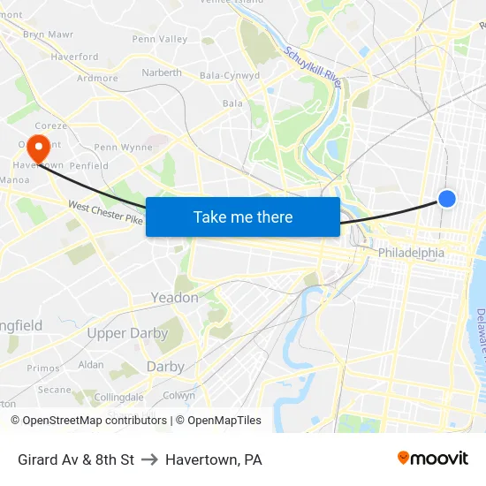 Girard Av & 8th St to Havertown, PA map