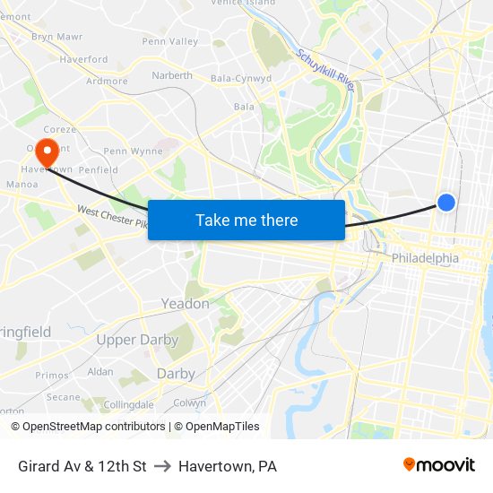 Girard Av & 12th St to Havertown, PA map