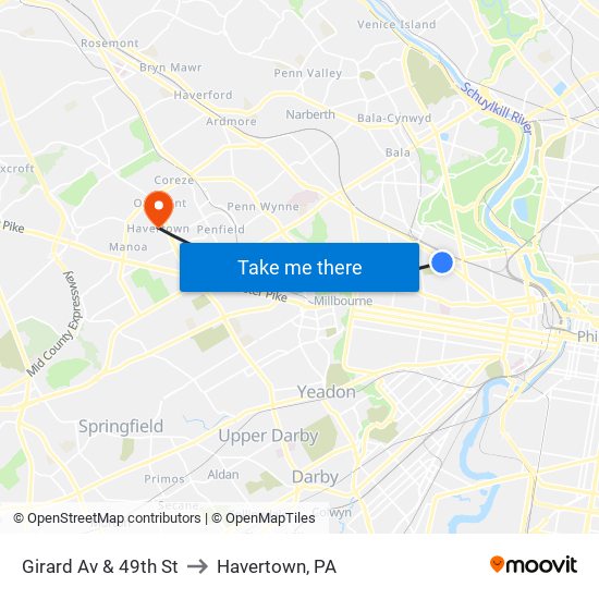 Girard Av & 49th St to Havertown, PA map