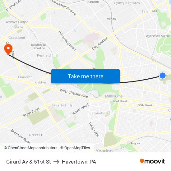 Girard Av & 51st St to Havertown, PA map