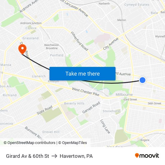 Girard Av & 60th St to Havertown, PA map