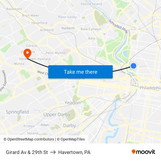 Girard Av & 29th St to Havertown, PA map