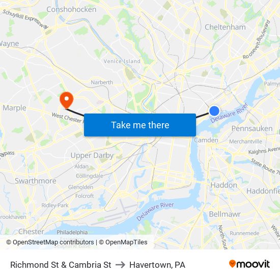 Richmond St & Cambria St to Havertown, PA map